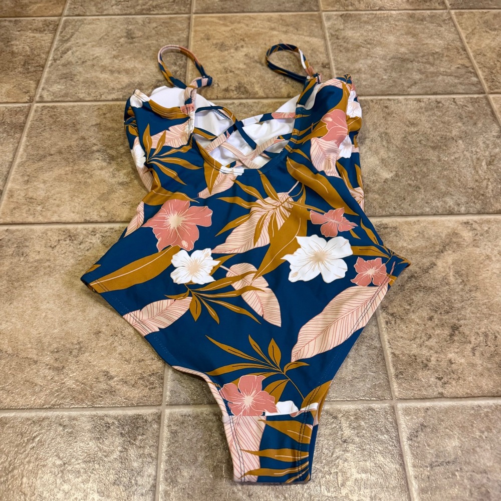 Kona Sol Teal Floral One-Piece Swimsuit with Pink, White & Mustard Leaves
